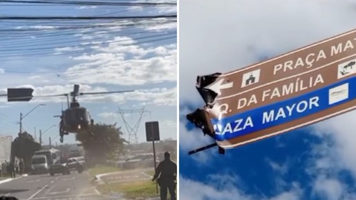 Helicóptero da PM bate em placa de trânsito durante pouso; vídeo