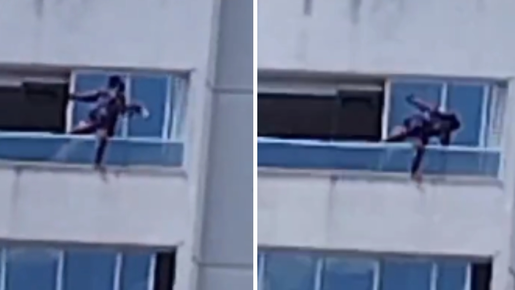 Mulher se equilibra com uma perna ao limpar janela do lado de fora em cobertura de Goiânia; vídeo