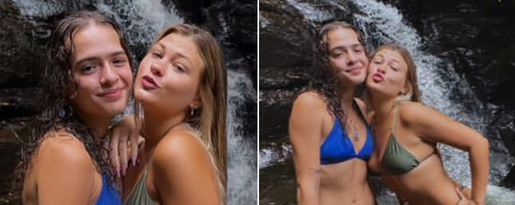 Nikki Meneghel, sobrinha de Xuxa, aparece de biquíni em praia e cachoeira