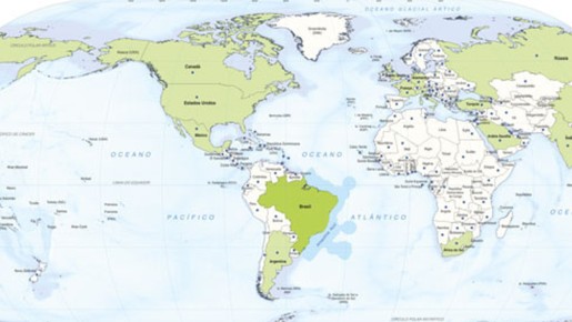 Mapa-múndi com Brasil no centro se esgota em um dia