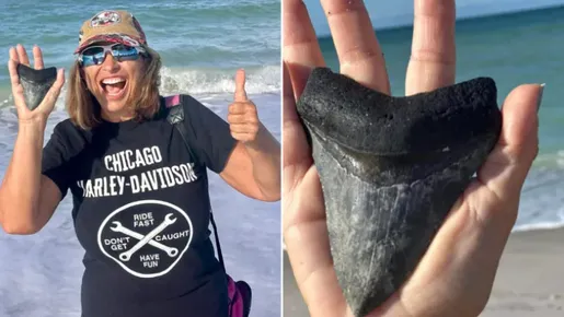 Mulher acha dente de tubarão pré-histórico de até 24 milhões de anos em praia na Flórida